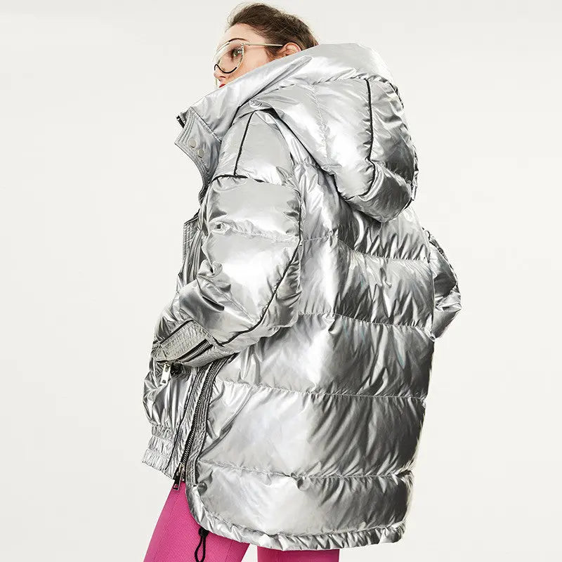 Couples Laser Glossy Thickened Loose Mid Length Down Jacket null
