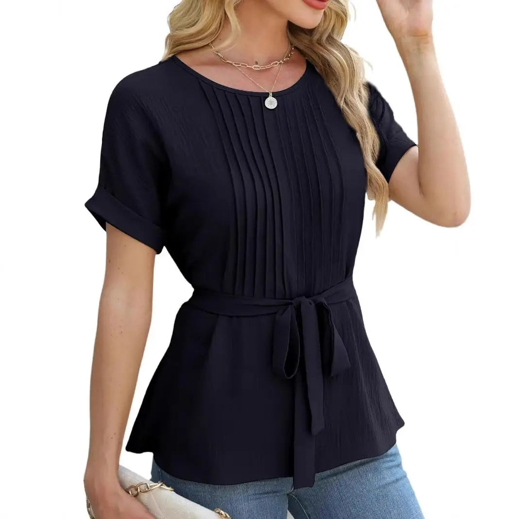 Casual Shirt Ruffled Pleated Round Neck Short Sleeve Top Nipaaj
