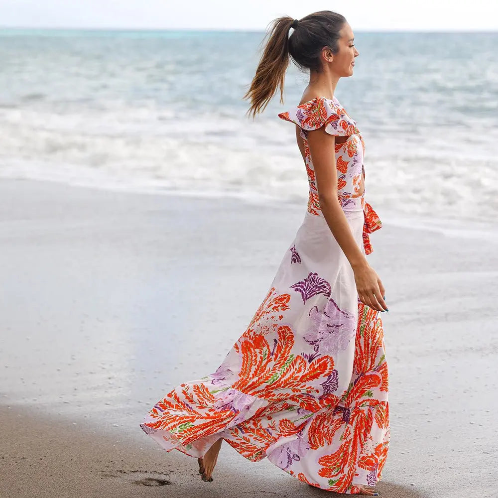 Printed Ruffle One Piece Swimming Costume Women Chiffon Maxi Dress null