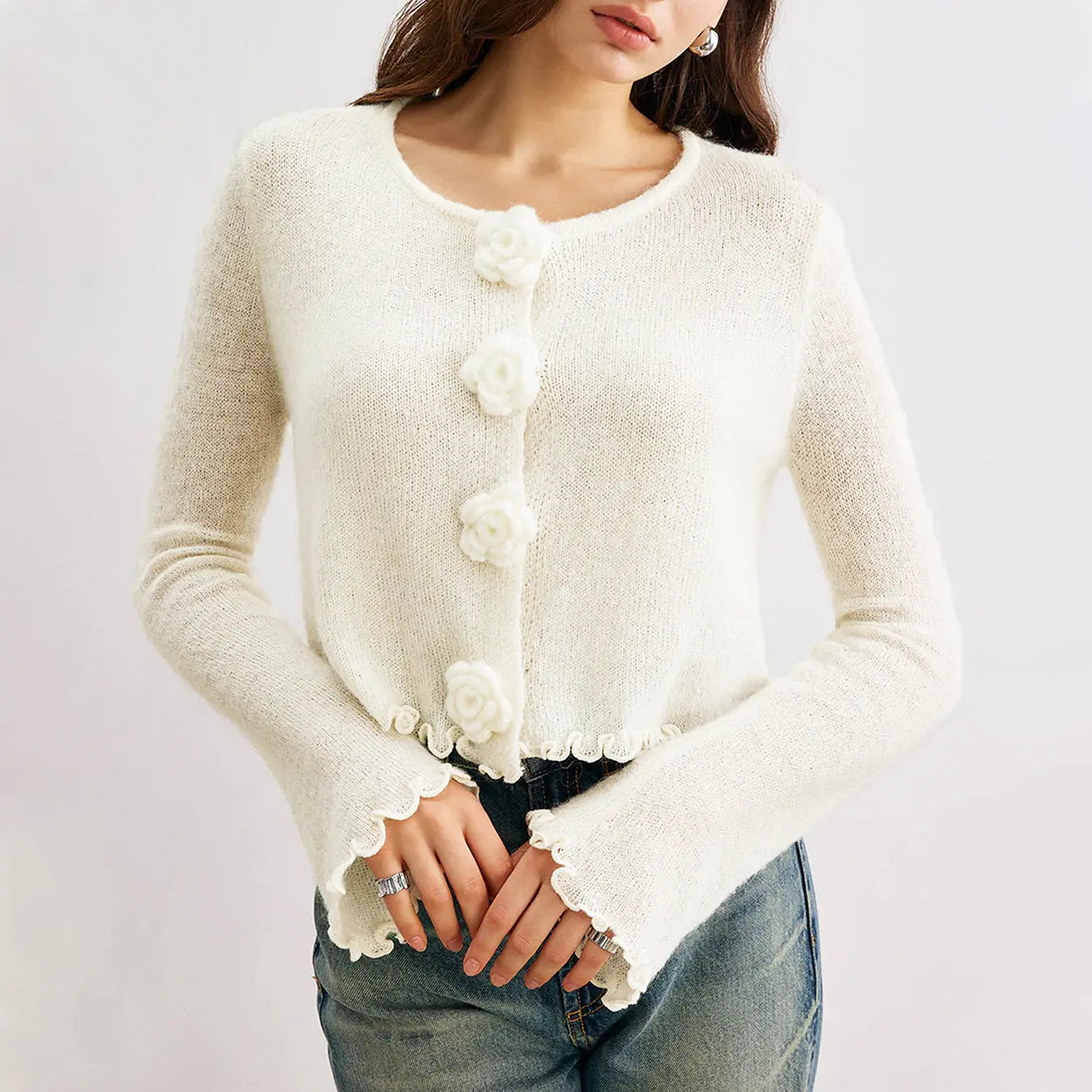 Three-dimensional Flower Slim Fit Stringy Selvedge Knitwear Nipaaj