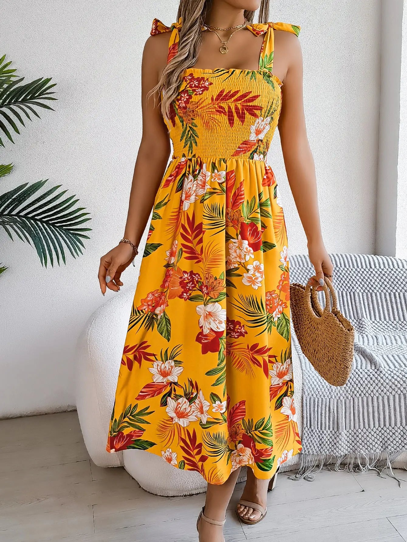 Flowers Print Suspender Corset Dress Ins Fashion Holiday Beach Long Dresses Summer Clothing For Women null