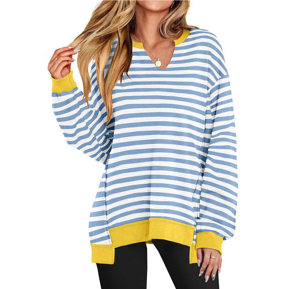 Colorful Striped V-neck Loose Sweatshirt Nipaaj