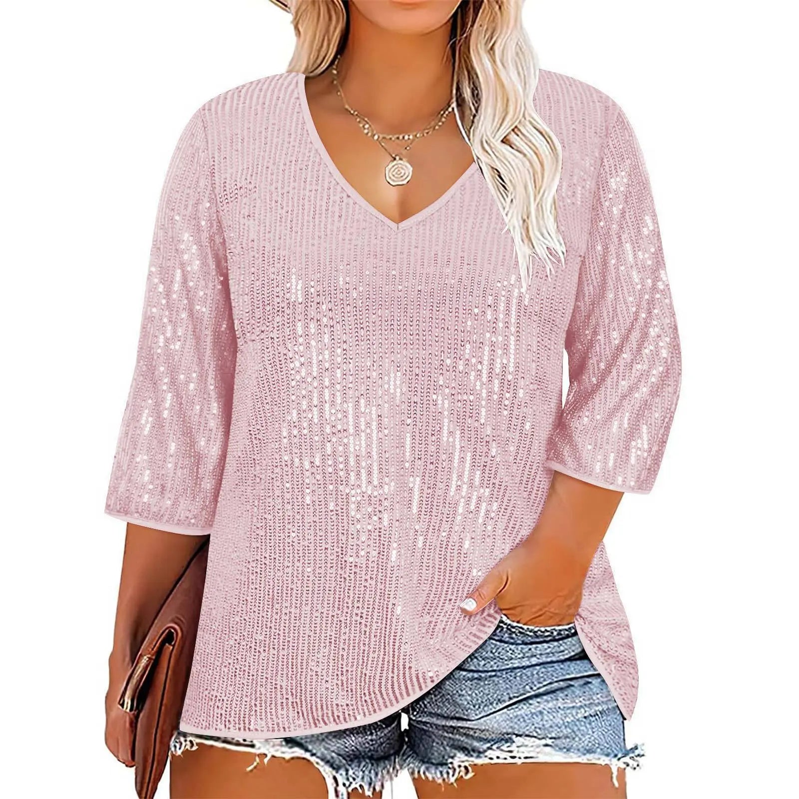 European And American Autumn And Winter Loose Top Retro Sequin Casual V-neck Sequined T-shirt For Women null