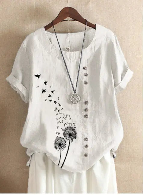Retro Plus Size Casual Loose Cotton And Linen Short-sleeved Pullover T-shirt Nipaaj