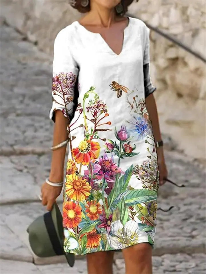Printed Loose Floral Retro Round Neck Dress null