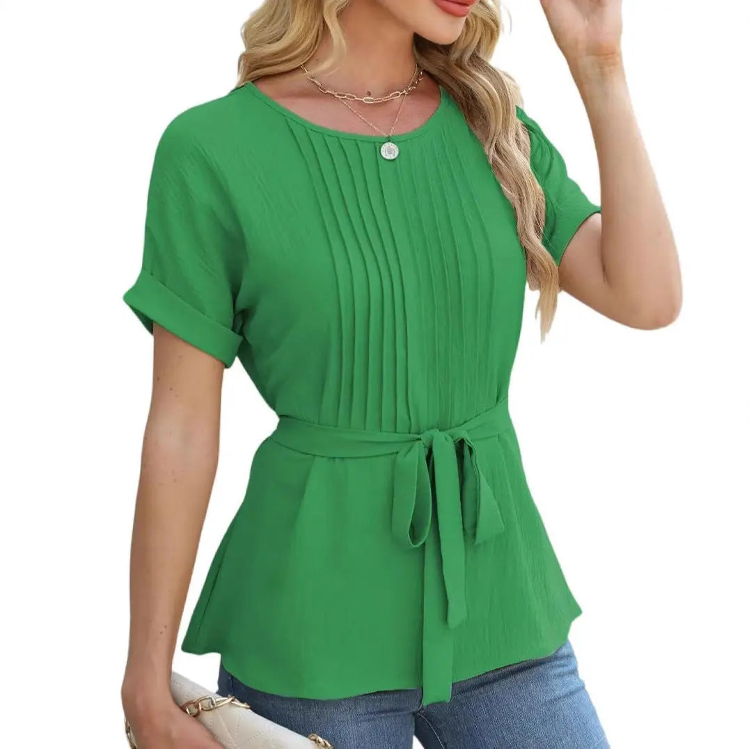 Casual Shirt Ruffled Pleated Round Neck Short Sleeve Top Nipaaj