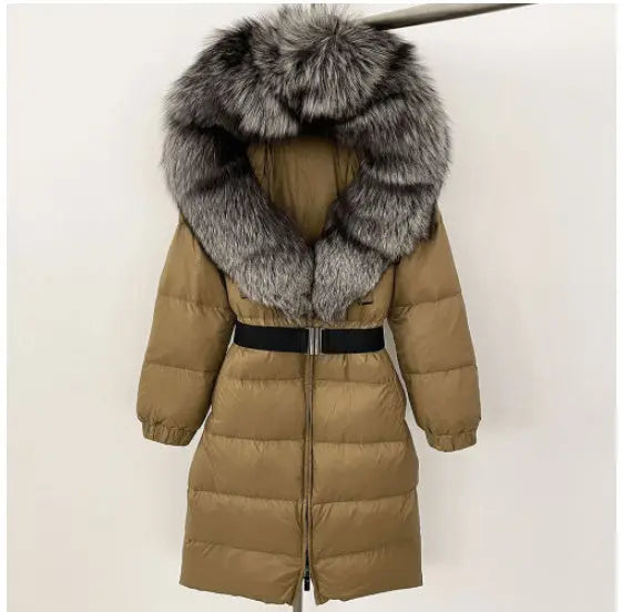 Women's Long Cinched Hoodie Real Fox Fur Collar Coat null