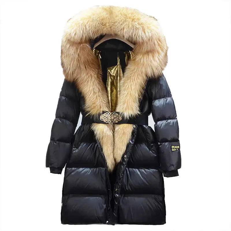 Extended Black Golden Lock Warm Real Fox Fur Big Fur Collar Duck Down Down Jacket null