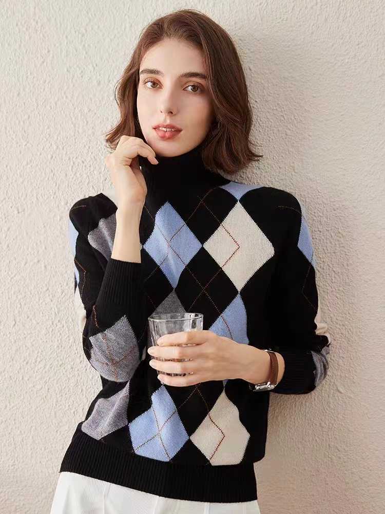 Vintage Diamond Lattice Pure Cashmere High Lapel Inlay Knitted Sweater Nipaaj