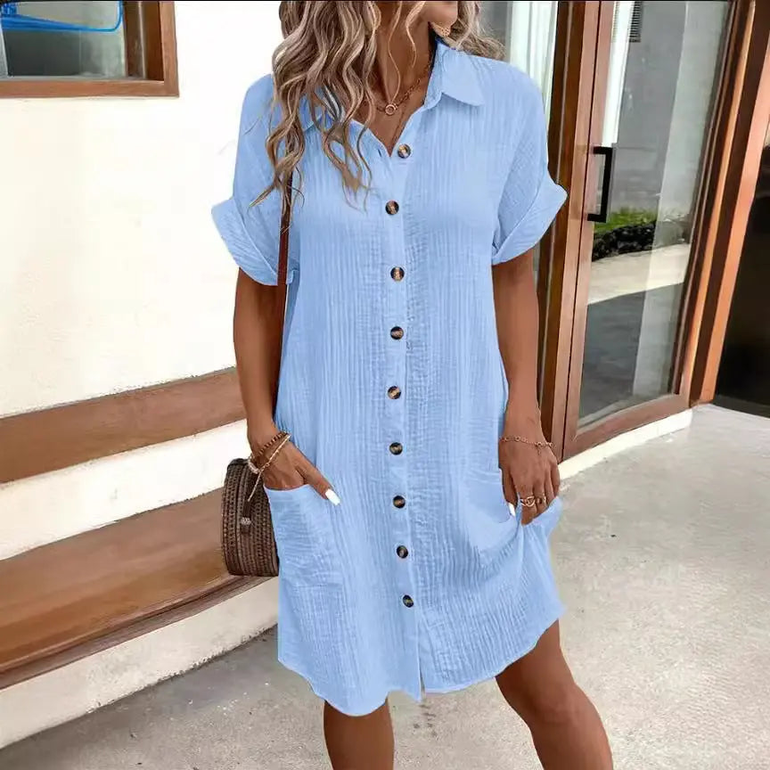 Summer Short Sleeve Shirt Dress Fashion Solid Color Single-breasted Mid-length Loose Dress null