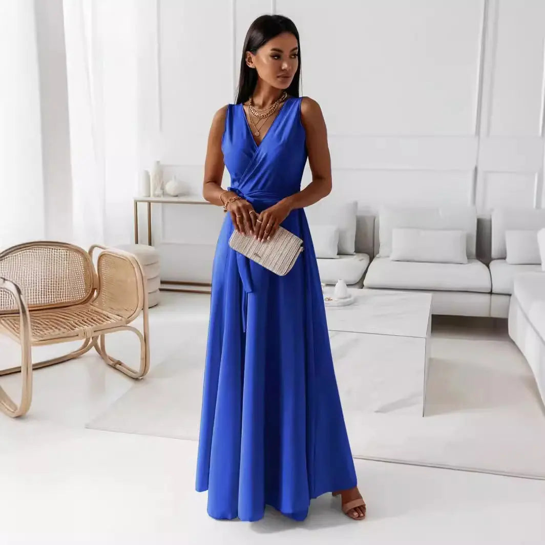 V-neck Sleeveless Dress With Belt Summer Fashion Party Club Evening Maxi Dresses For Women Clothing null