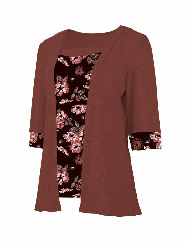 Women's Fake Two-piece Five-quarter Sleeve Printed Top T-shirt Nipaaj