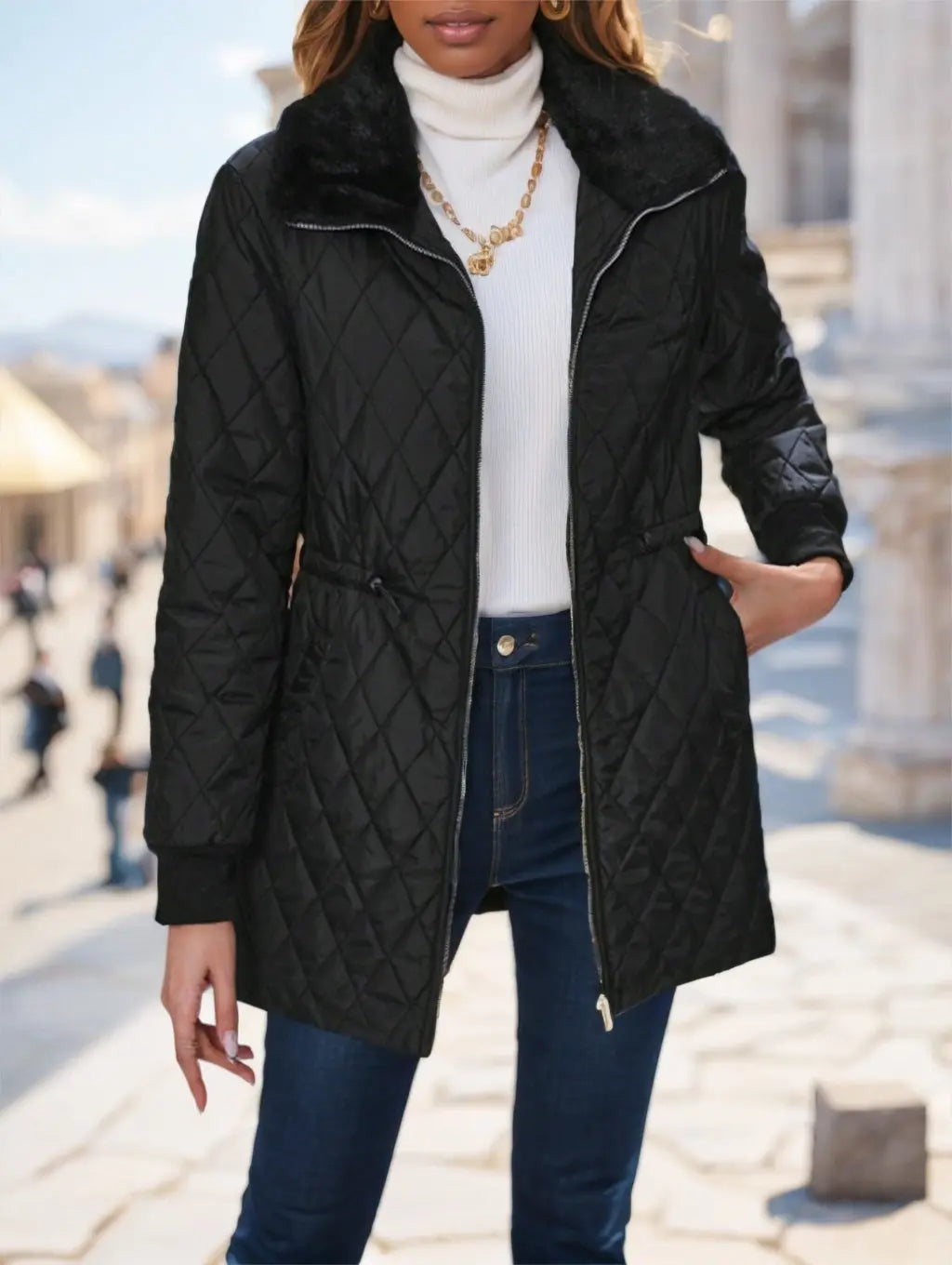 Casual Winter Clothes Contrast-Color Fur Collar Drawstring Waist Padded Padded Coat null
