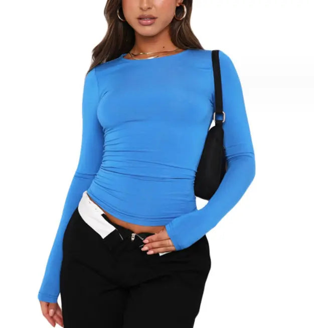 Women's Clothing Fashion Slim Long-sleeved Pullovers Tops Solid Causal Fit Shirts null