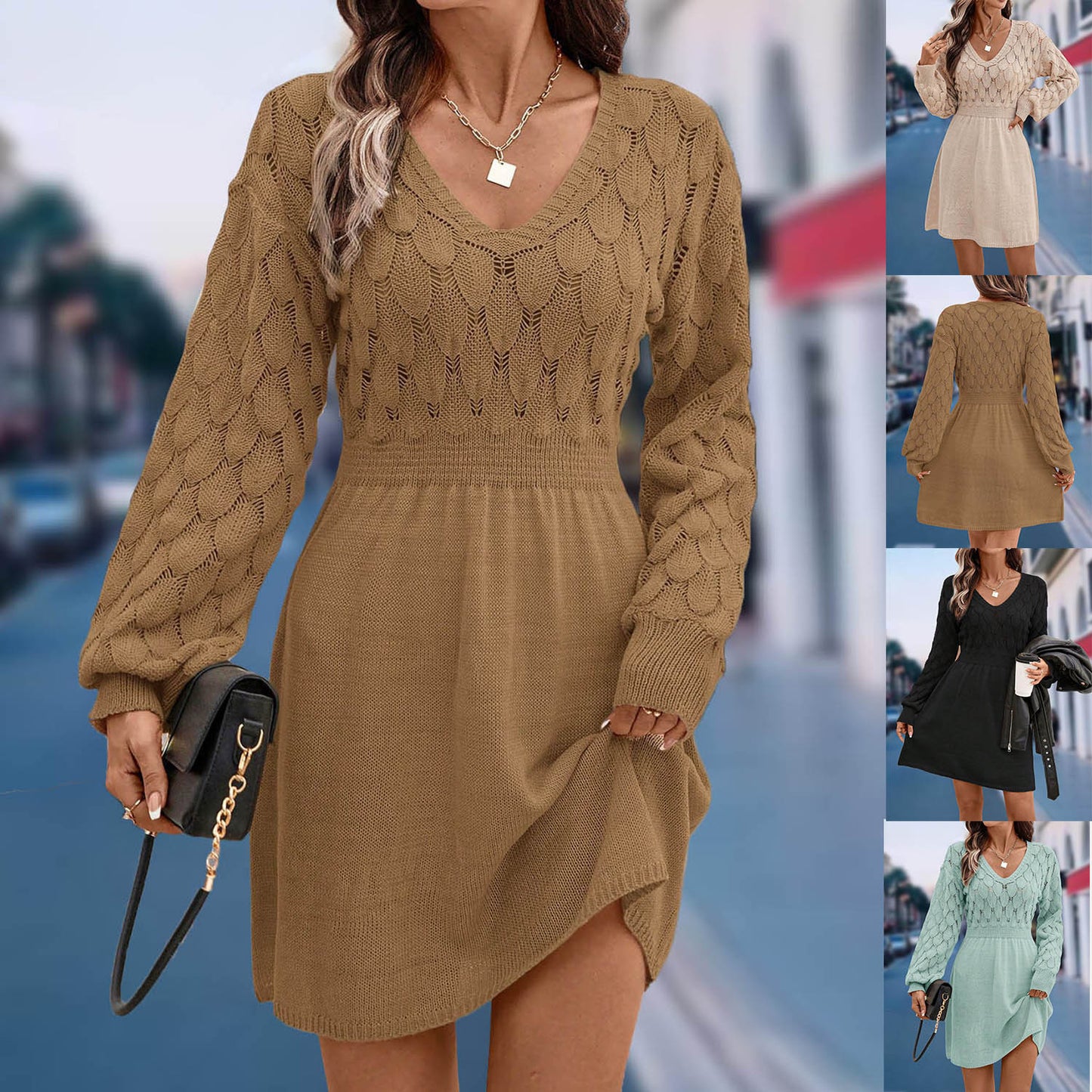 European And American V-neck Beach Dress Long Sleeve Dress