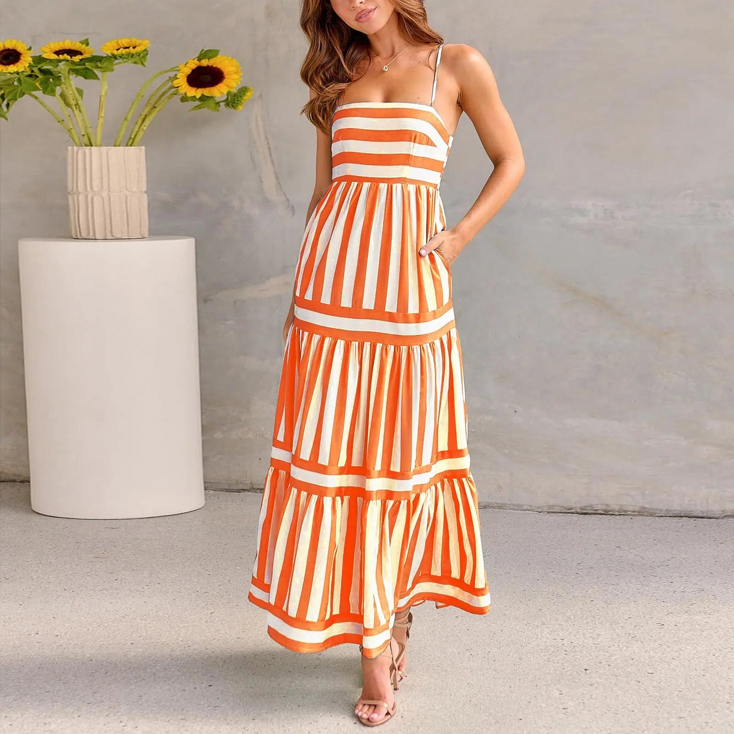 Summer Striped Printed Suspender Long Dress With Pockets Fashion Square Neck Backless Dresses For Beach Vacation Women Clothing null