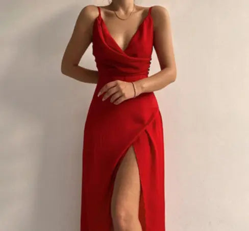 V-neck Slit Sling Dress Summer Fashion Sexy Slim Suspender Dresses For Women Clothing null