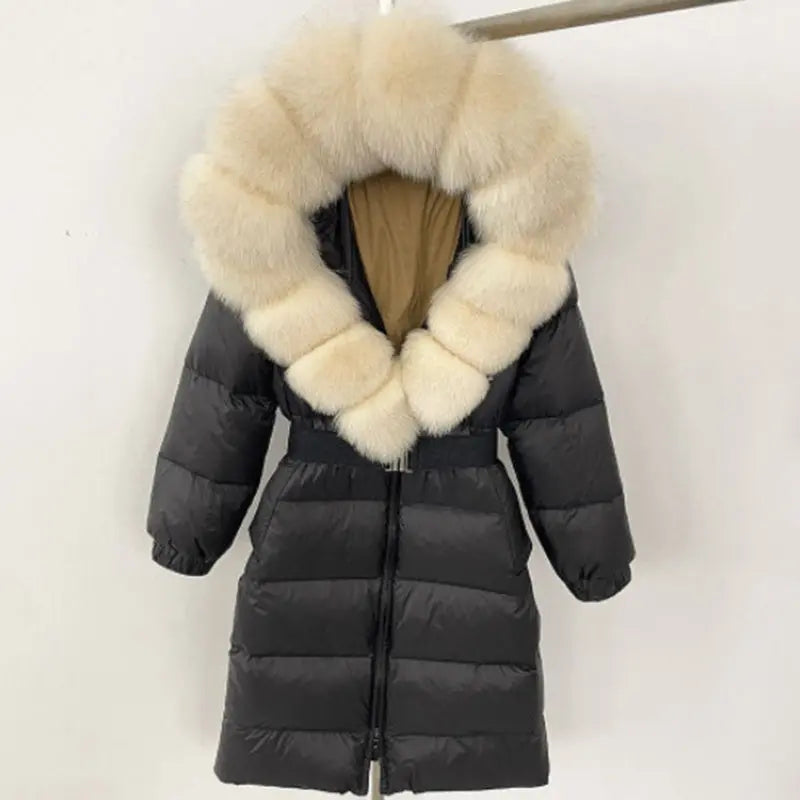 Women's Long Cinched Hoodie Real Fox Fur Collar Coat null
