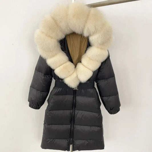 Women's Long Cinched Hoodie Real Fox Fur Collar Coat null