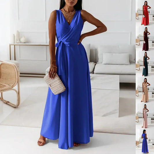 V-neck Sleeveless Dress With Belt Summer Fashion Party Club Evening Maxi Dresses For Women Clothing null