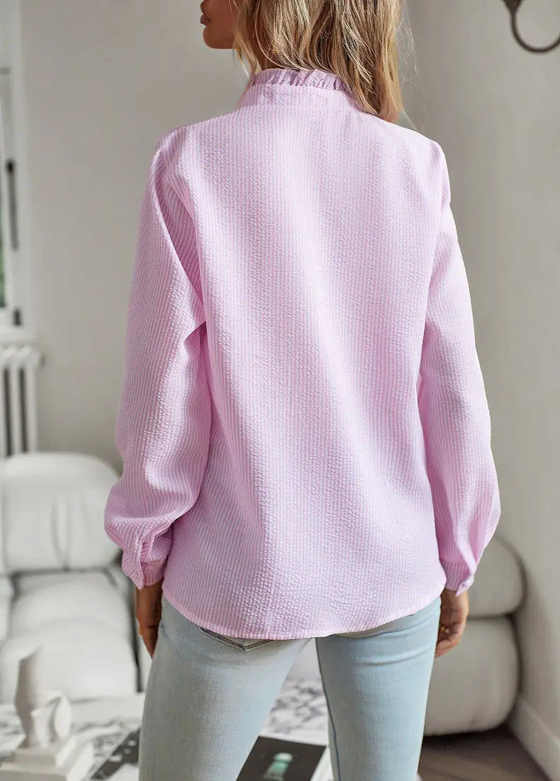 Striped Long Sleeve Shirt Fashion Ruffle Design Button Up Tops Casual Office Blouse Elegant Commuting Women's Clothing null