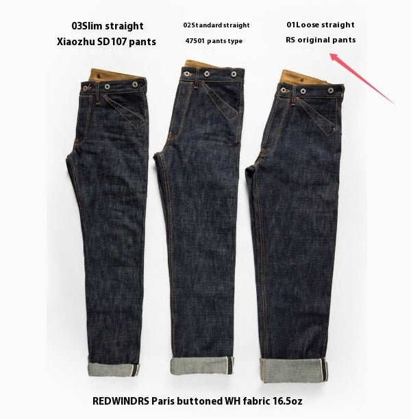 Men's Straight-leg Mid-high Waist Raw Denim Selvedge Jeans