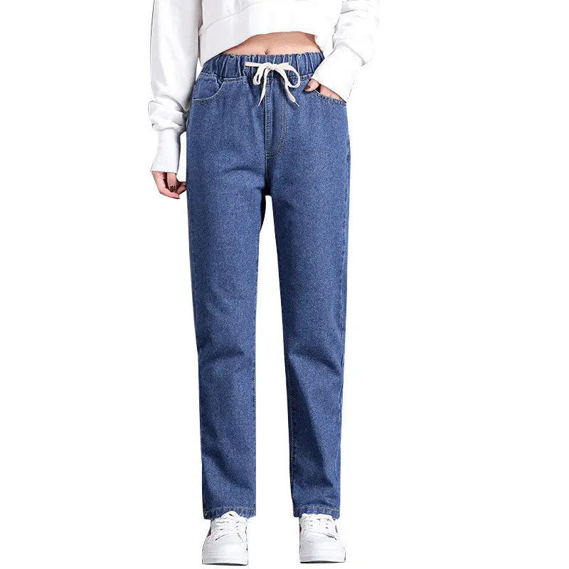 Korean Style Women's Straight Casual Elastic Waist Tied High Waist Student Jeans Nipaaj