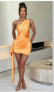 One-shoulder Sleeveless Mini Dress Sexy Slim Backless Skirt Party Wedding Dresses Womens Clothing null