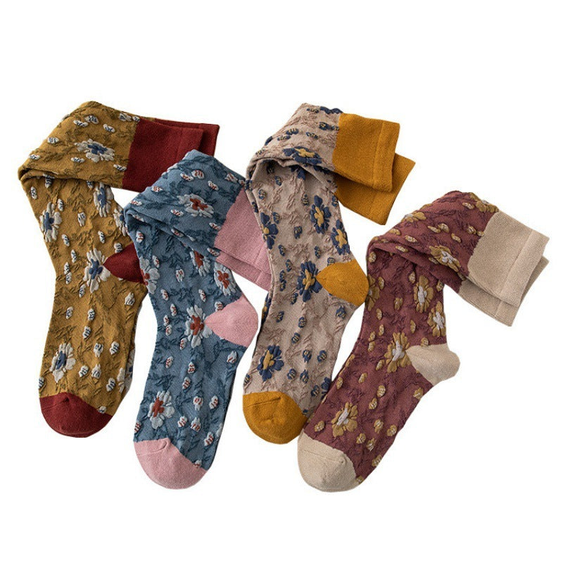 Female Pure Cotton Net Red Socks Plant Flowers