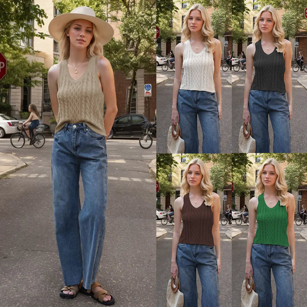 Women's V-neck Tank Vest Fashion Casual Knitted Solid Color Tops null