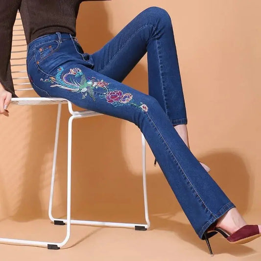 Women's Embroidered Skinny Jeans New High Waist Trousers Nipaaj