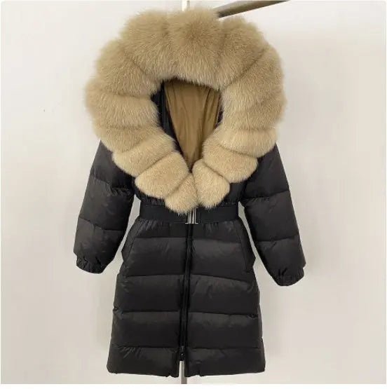 Women's Long Cinched Hoodie Real Fox Fur Collar Coat null