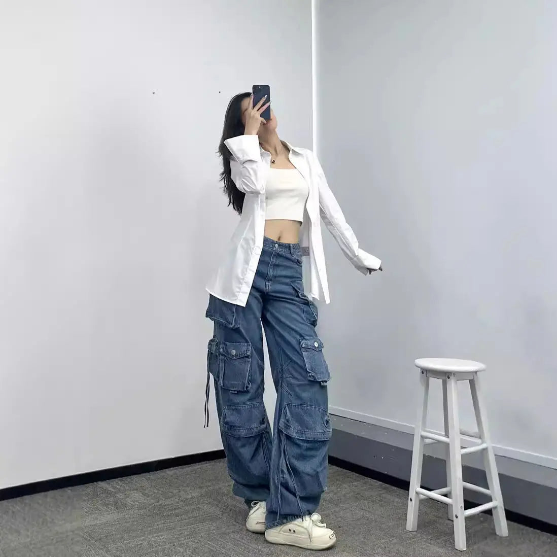 Women's Wide-leg Jeans With Multiple Pockets Nipaaj