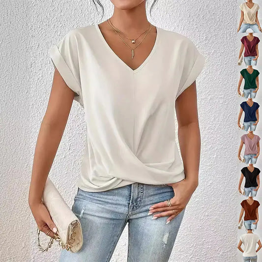 Fashion V-neck Short-sleeve T-shirt Summer Casual Irregular Knot Top For Women Clothing Nipaaj