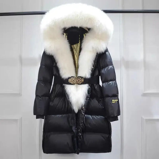 Extended Black Golden Lock Warm Real Fox Fur Big Fur Collar Duck Down Down Jacket null