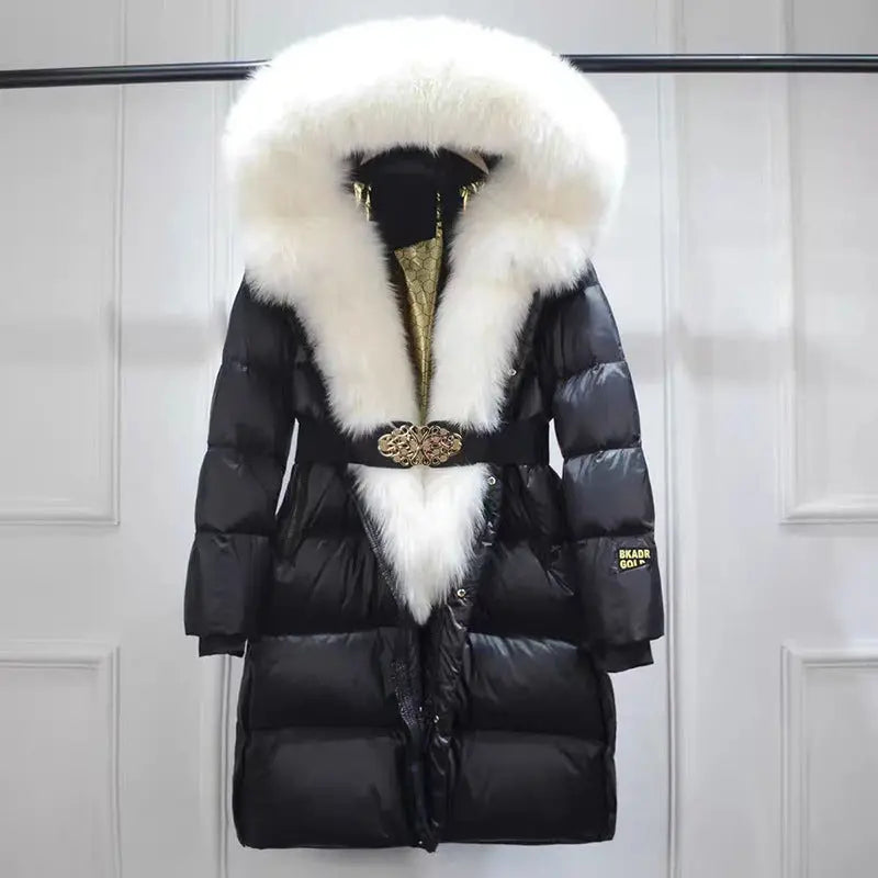 Extended Black Golden Lock Warm Real Fox Fur Big Fur Collar Duck Down Down Jacket null