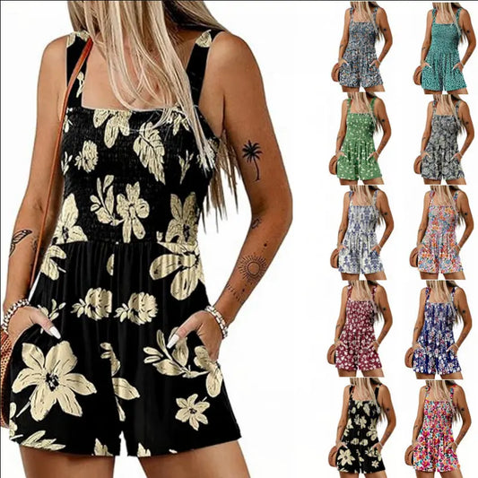 Flower Print Shorts Jumpsuit Summer Fashion Sleeveless Beach Bodysuit null