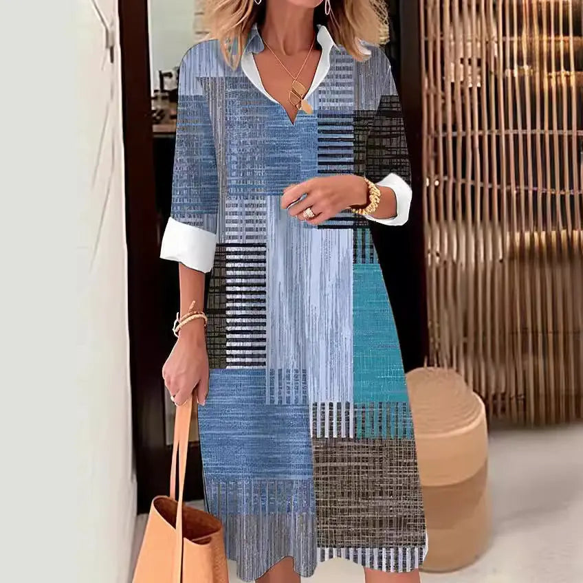 Casual Printing Lapel Long Sleeve Button Irregular Shirt Dress null