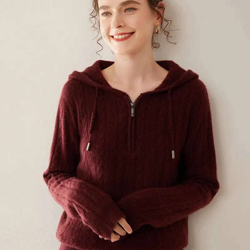 Cashmere Sweater Women's Hooded Twist Half-open Collar Sweater Nipaaj