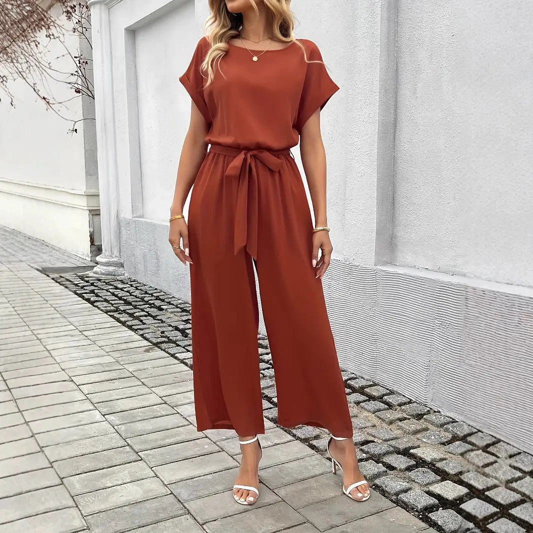 Women's Fashion Solid Color With Belt Round Neck Jumpsuit null