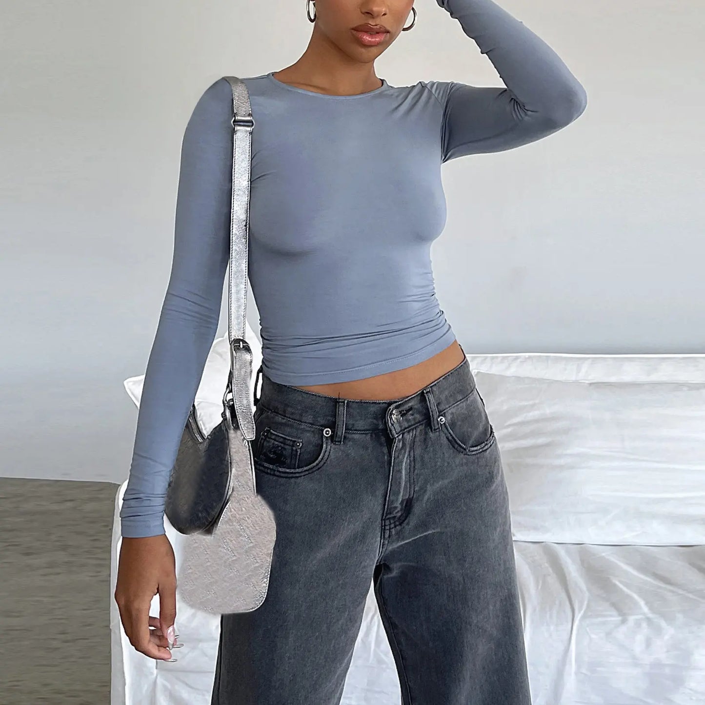 Women's Clothing Fashion Slim Long-sleeved Pullovers Tops Solid Causal Fit Shirts null