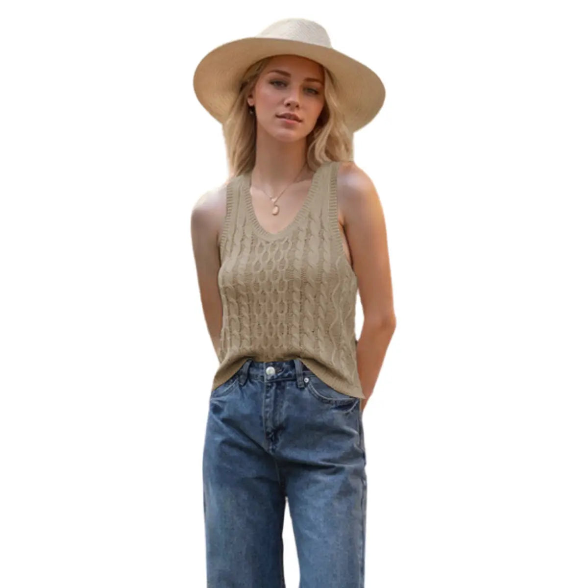 Women's V-neck Tank Vest Fashion Casual Knitted Solid Color Tops null