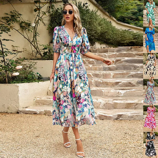 New V-neck Printed Short-sleeved Long Dress Summer Fashion Slim Seaside Vacation Beach Dresses For Women Clothing null