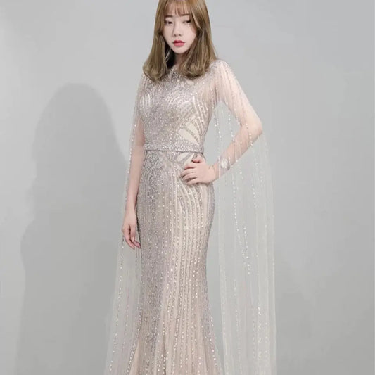 Fishtail Zipper Floating Sleeve Long Host Dress Nipaaj