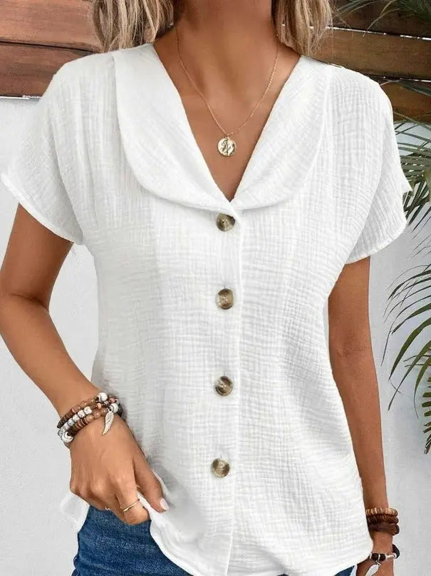 Summer Solid Color Fashion Short-sleeved Cardigan Button Women's Top Nipaaj