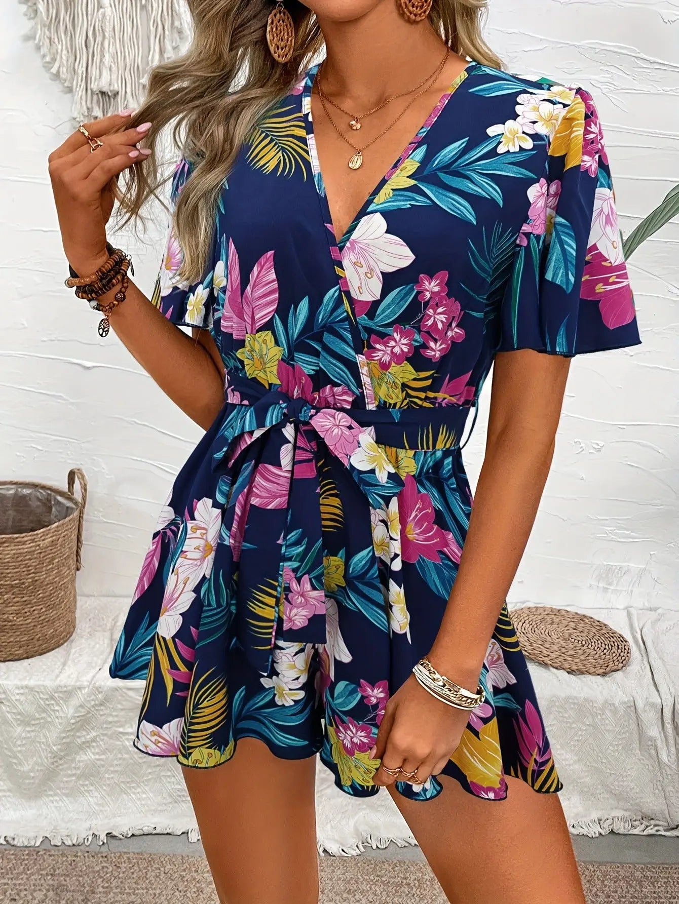 Beach Vacation Ruffle Sleeve Short Culottes Printed Jumpsuit null