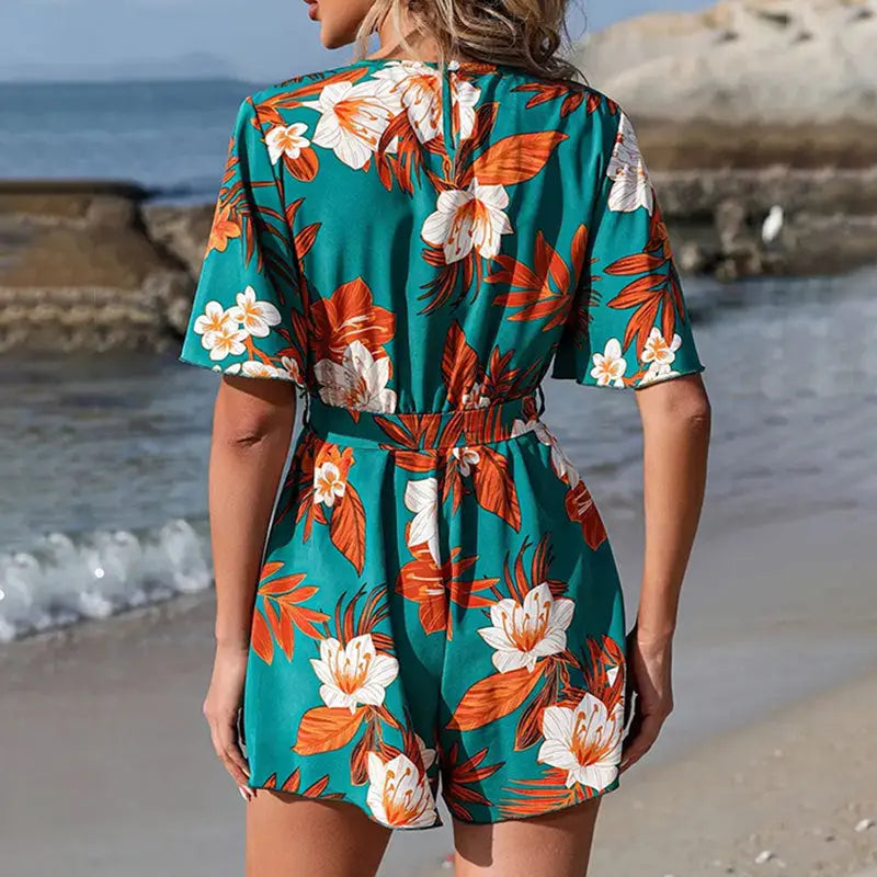 Beach Vacation Ruffle Sleeve Short Culottes Printed Jumpsuit null