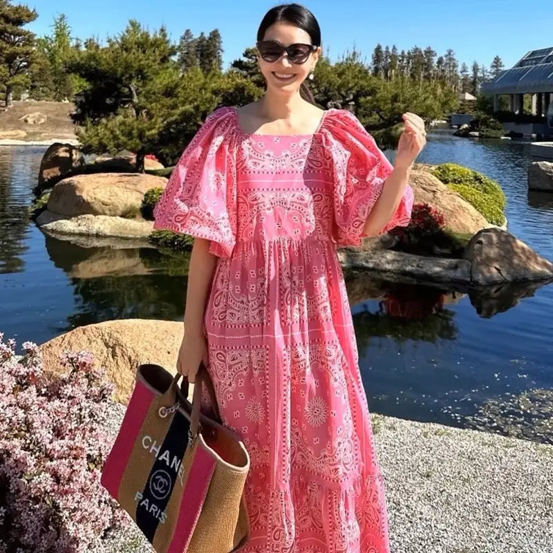 Printed Loose Casual Puff Sleeve Dress null
