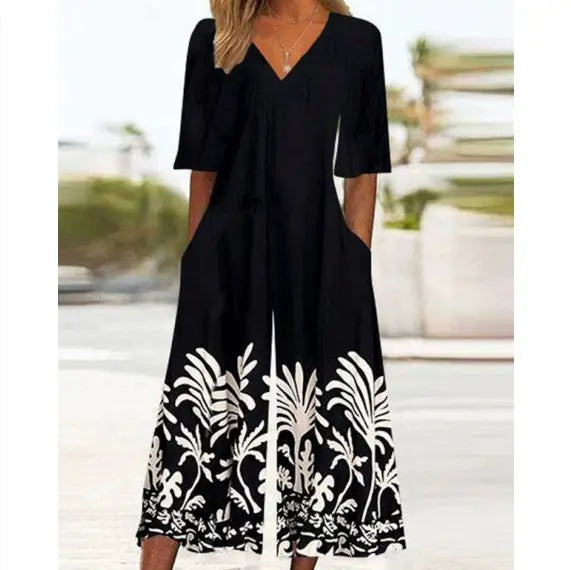 Spring And Summer Print Women's Pocket Collar Jumpsuit Nipaaj