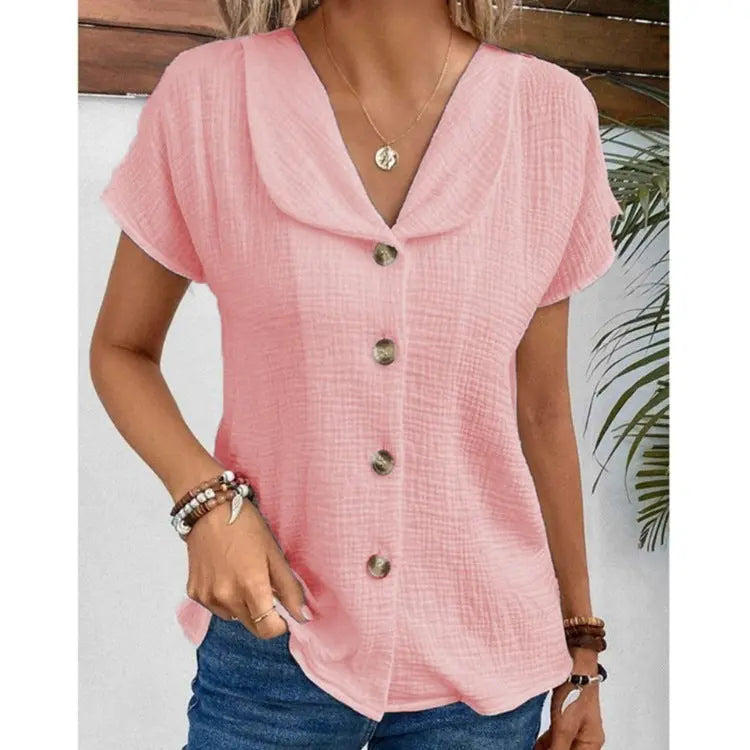 Summer Solid Color Fashion Short-sleeved Cardigan Button Women's Top Nipaaj